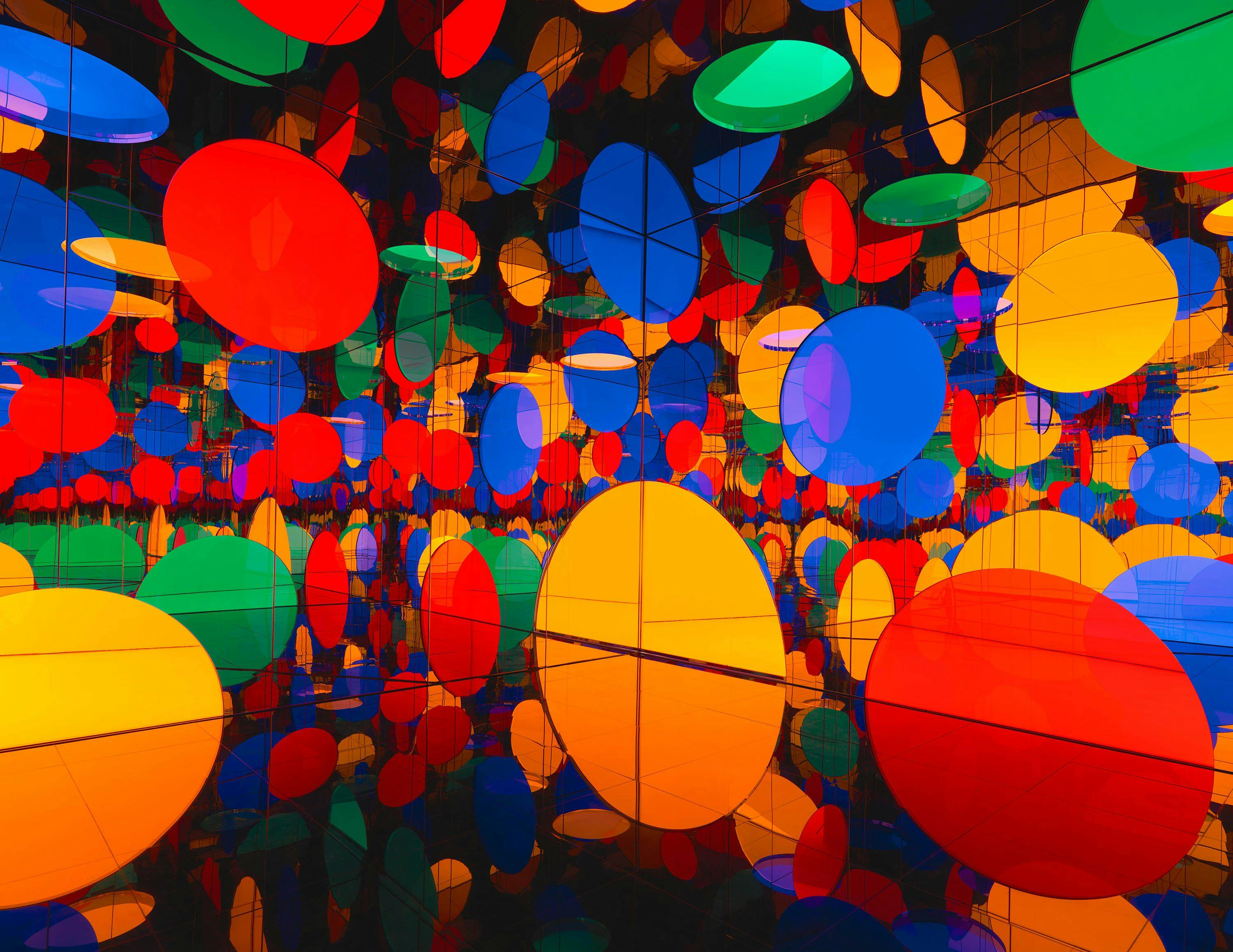 An installation by Yayoi Kusama, titled Dreaming of Earth’s Sphericity, I Would Offer My Love, dated 2023.